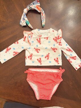 Janie and Jack Cream Rashguard Set with Red Lobster and Blue Accent